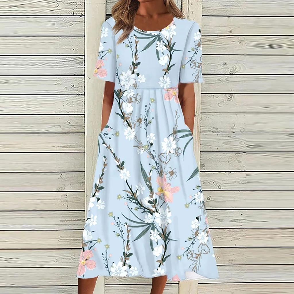 Women's Summer Casual Fashion Printed Short Sleeve 2022 O-Neck Pocket Dress