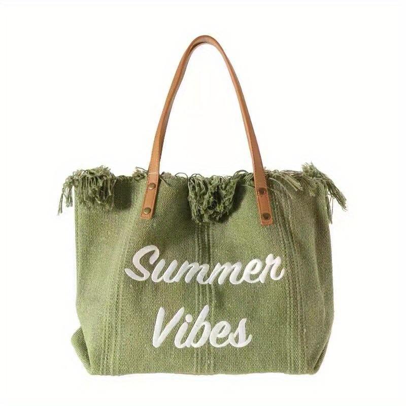 Bohemian Chic Embroidered Tote Bag - Stylish Letter Detail, Durable Canvas, Adjustable Shoulder Strap, Perfect for Womens Summer Beach Wear