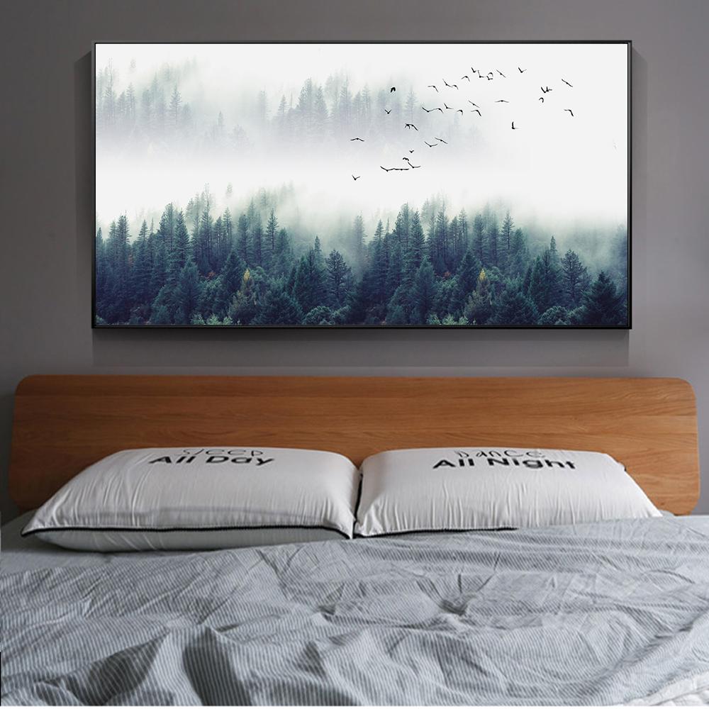 Nordic Style Misty Landscape Canvas Paintings Wall Posters And Prints Deep Forest Flying Bird Wall Pictures Home Decor Background Wall Decoration