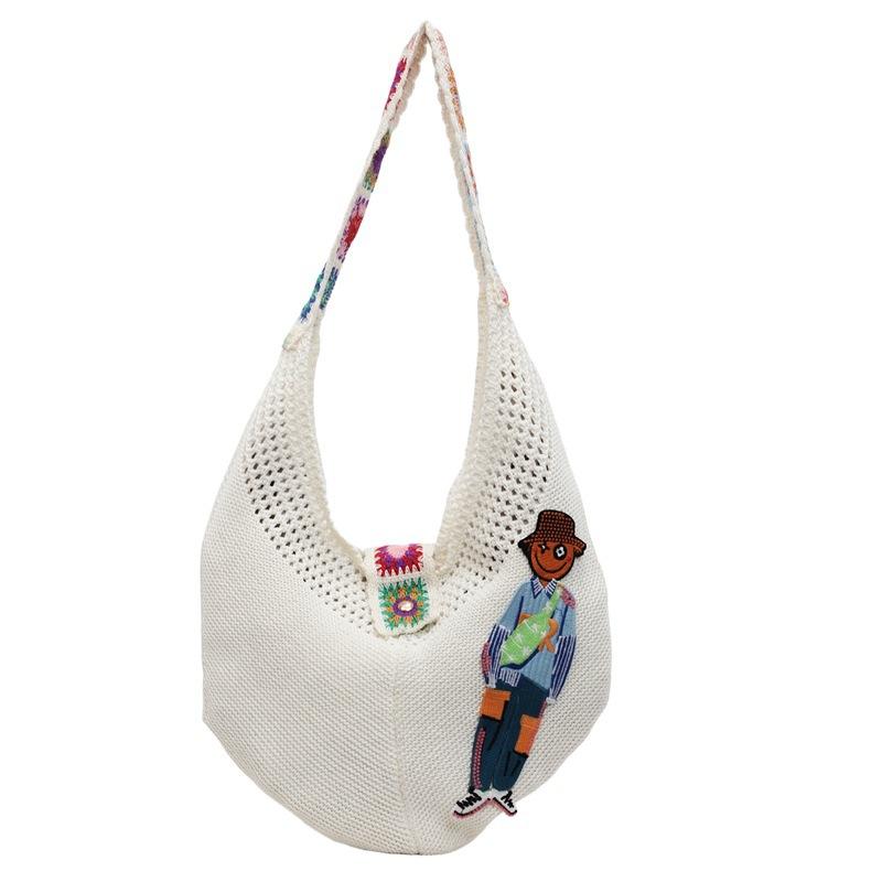 Carto Figure Hollow Mesh Knit Shoulder Bag,Beach Vacati Slouchy Chic Tote Bag,Lightweight Laid-Back Casual Women Handbag