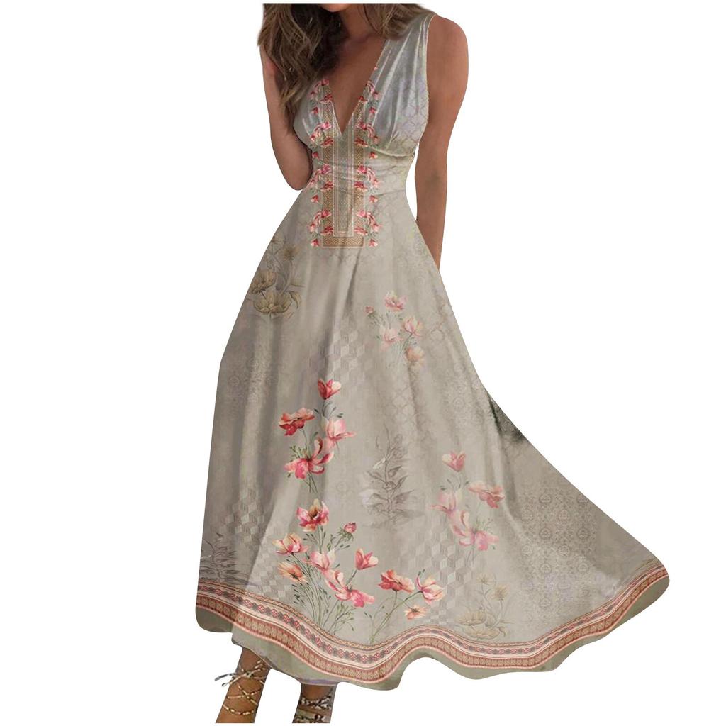 Robe longue pour femmes, robe Maxi décontractée, été, décontractée, sans manches, col en V, style Boho, taille rétractée, robe imprimée