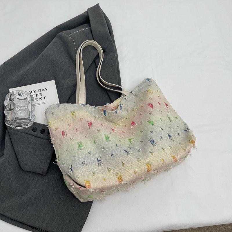 Modern And Versatile Womens Canvas Tote Bag With Rainbow Square Pattern For Daily Commuting Rainbow Dots