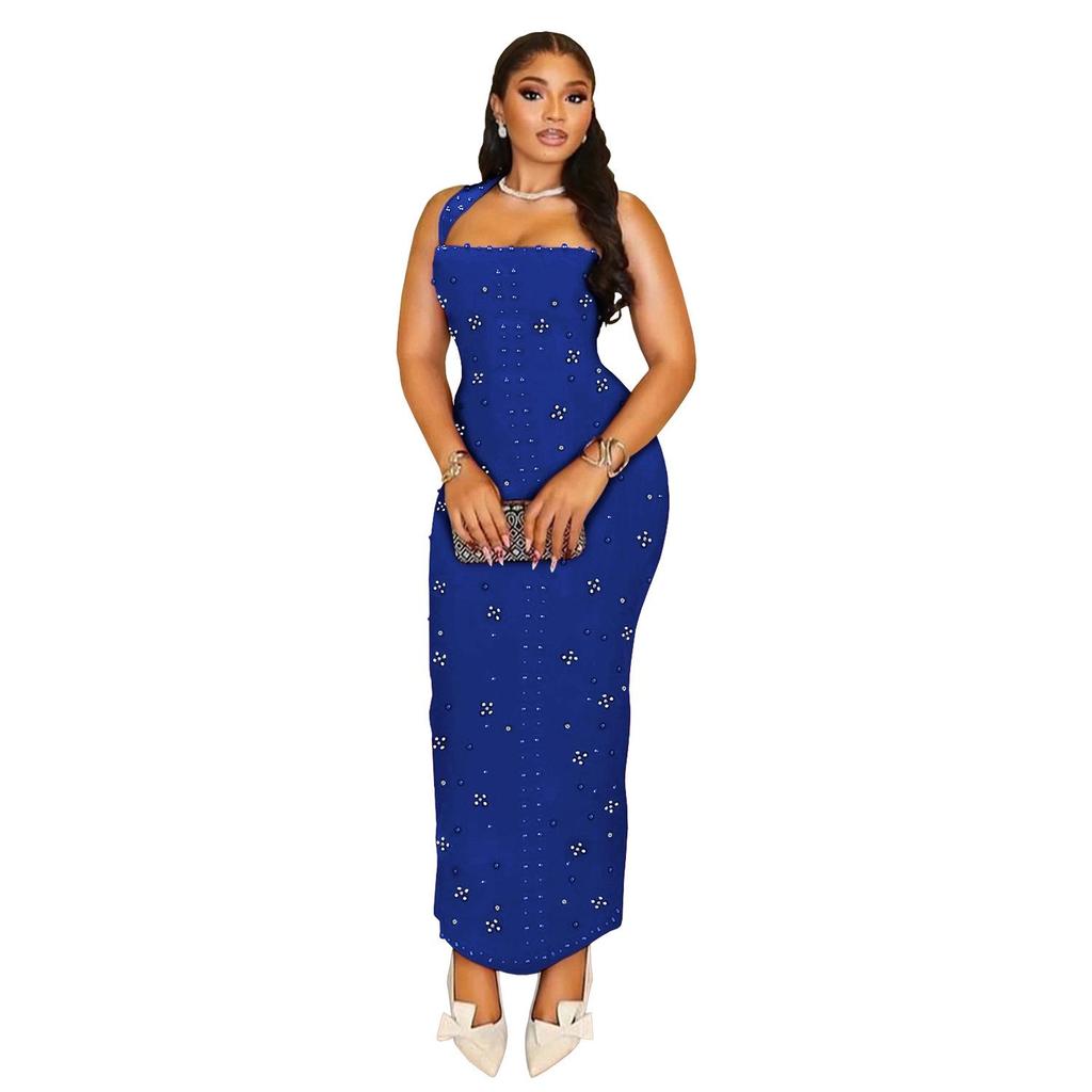 C7480 Fashion Women's Halter Rhinestone Beaded Bodycon Dress - Europe & America Style