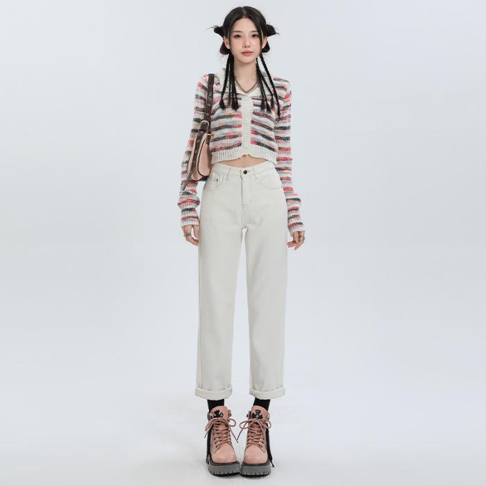 

Women s High Waist Slimming Wide Leg Drape Jeans, White, Floor Length, Autumn M