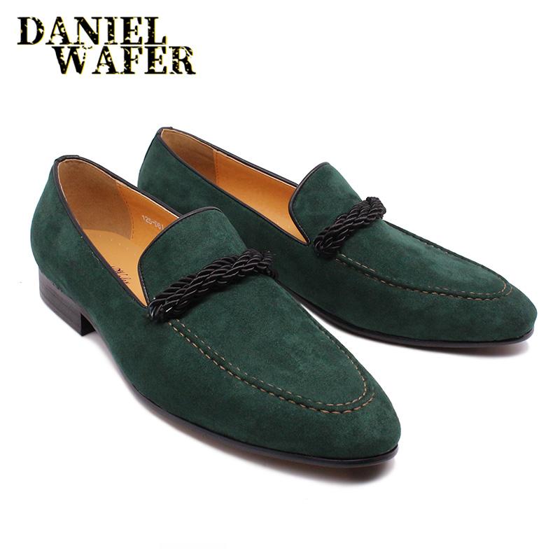Fashion Luxury Brand Men's Suede Loafers Handmade Slip on Green Causal Shoes Penny Loafer Formal Dress Office Wedding Leather Shoes Men