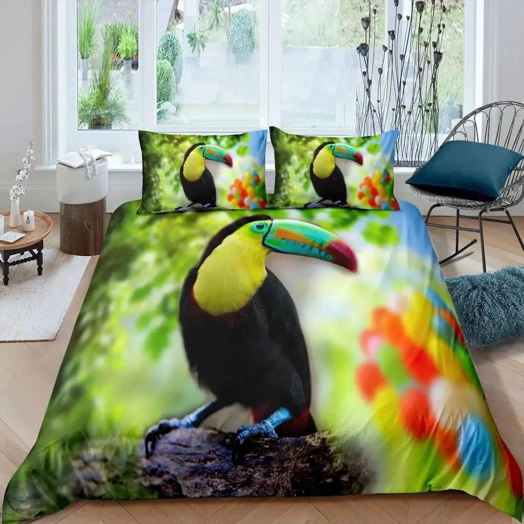 3D Toucan Duvet Cover Set Safari Animals Bedding Sets Tropical Jungle Birds Comforter Cover,Boys Girls Fresh Nature Quilt Cover