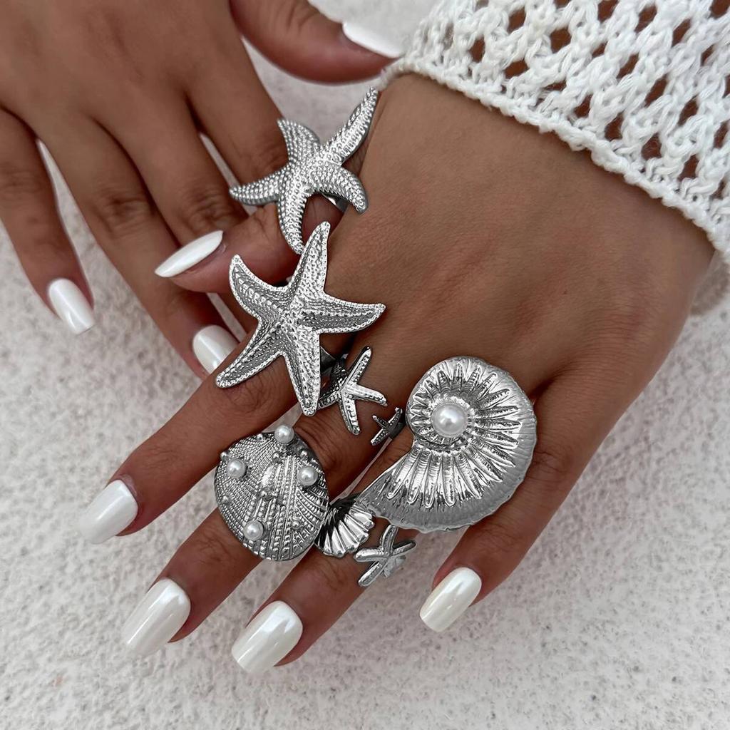 Ingemark 6Pcs/Set Boho Large Starfish Conch Scallop Open Rings for Women Summer Ocean Vintage Adjustable Rings Couple Jewelry