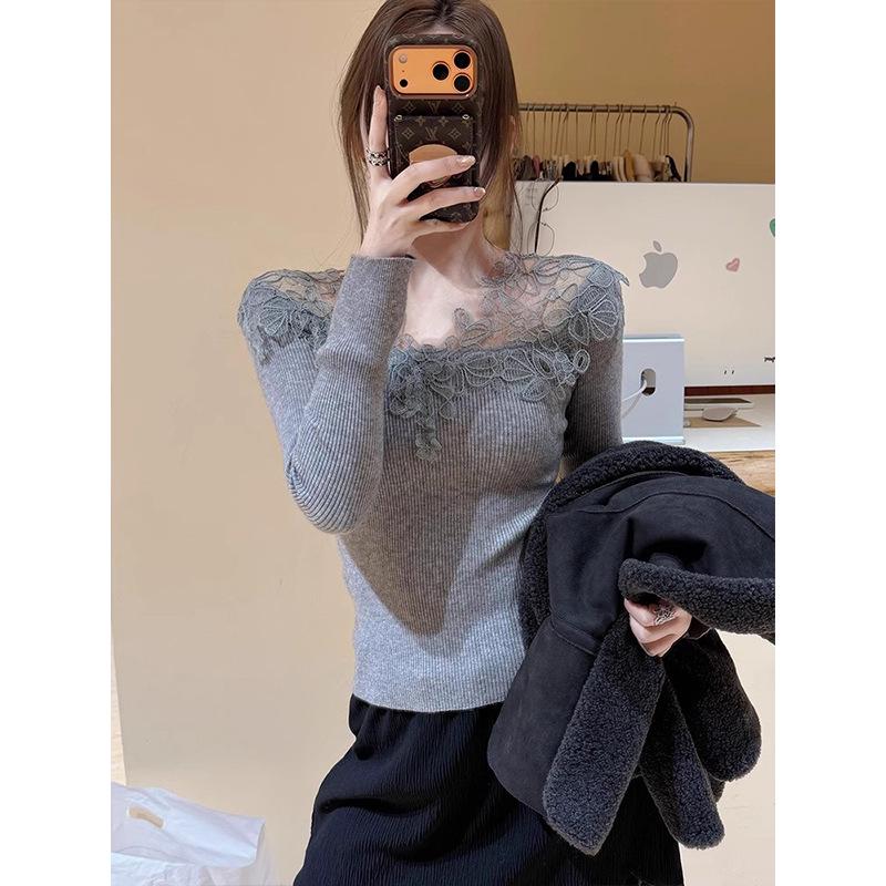 Damen-Basis-Top mit Samt-Spitzenbesatz, Slim Fit, für Herbst und Winter
