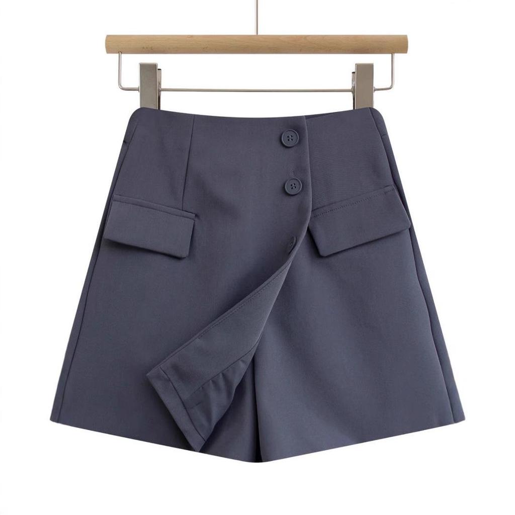 2025 Irregular High-Waisted Slimming A-Line Shorts Skirt with Button Detail - Women's Wide-Leg Pants
