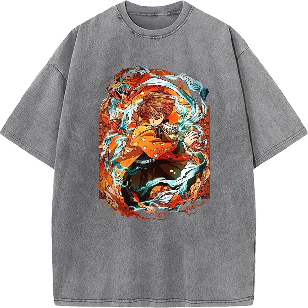 Agatsuma Zenitsu Graphic Washed T-shirt Demon Slayer Anime Clothing Men Women Cotton Tshirts Oversized Retro T Shirt Male Tops