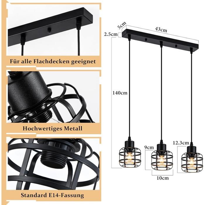 Suspension - NETTLIFE - 3-light E14 Pendant Light - Black Metal - Height Adjustable