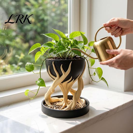 Desk Ornament for Plants 3D Printed Flower Pot with Tray, Modern Succulent Planter, Decorative Tree Bottom Sculpture Geometric Plant Vase Indoor