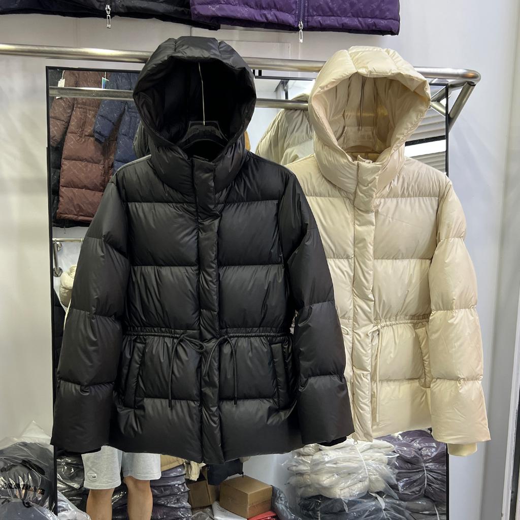 New down jacket women's medium and long thickened waist drawstring thin puff hooded bread jacket