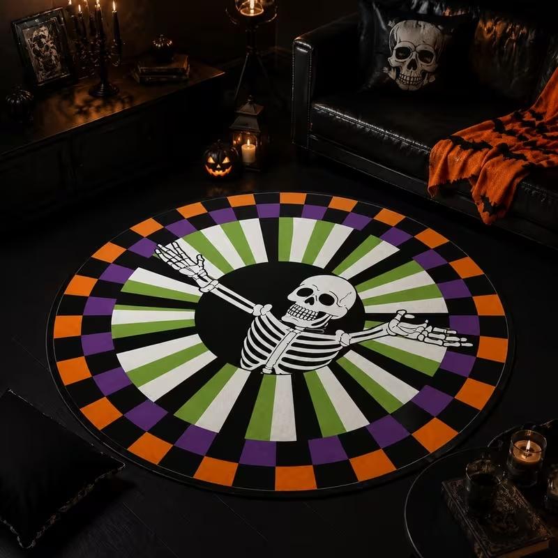 3D Illusion Skull Candle Pit Round Floor Rug,Spooky Stone‑wall Skeleton Print Circular Carpet,Horror Halloween for Living Room