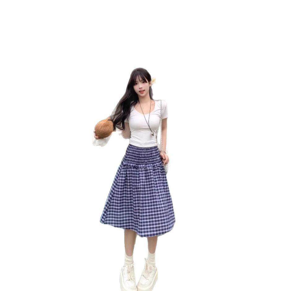 Niche design sense two wear blue plaid skirt women's summer French temperament tube top skirt a word umbrella skirt