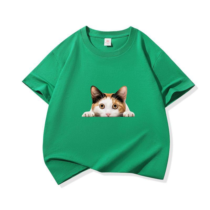 Kids Cotton T Shirt Peeking Calico Cat Graphic Print Crew Neck Short Sleeve Tee Casual Breathable Boys Girls Summer Tops