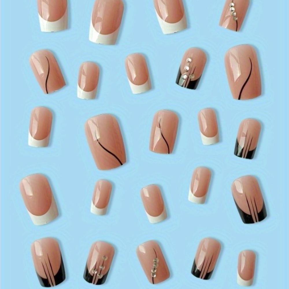 24pcs of Medium And Long French White Lines with Diamond-Encrusted Fingernail Nail Patch Creative Design Nail Patch Perfect Gift for Ladies.