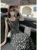 Spring/Summer 2024 Retro Black Floral Dress: Slim Fit, Medium-Long Length with Ruffled Skirt