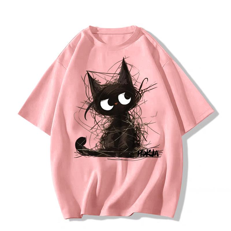 Unisex American Retro Black Cat Print Oversized T-Shirt - Summer Pure Cotton Short Sleeve Top