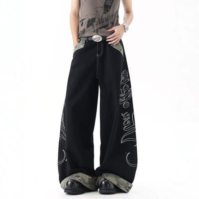 American Camouflage Splicing Letter Embroidered Jeans Men's and Women's Autumn Trendy Brand Retro Design Loose Wide-leg Trousers