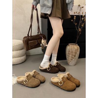 Birkenstocks compensées épaisses rétro marron à empiler demi-claquettes pour femmes automne et hiver pantoufles chaudes en coton à bout fermé