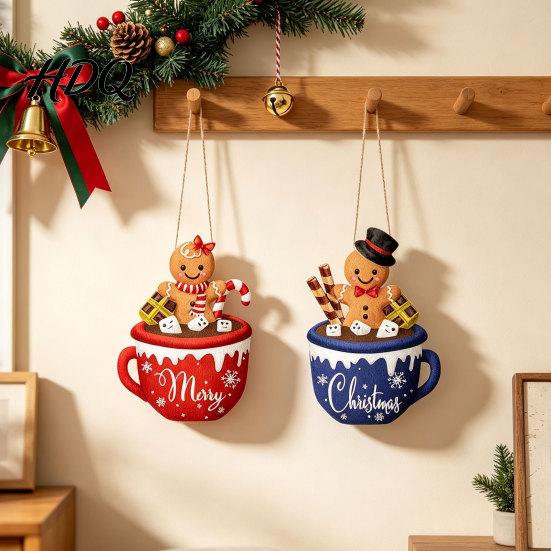 Wall Hanging Festive Ornament Christmas Wooden Sign Cute Gingerbread Man Hot Cocoa Mug Welcome Door