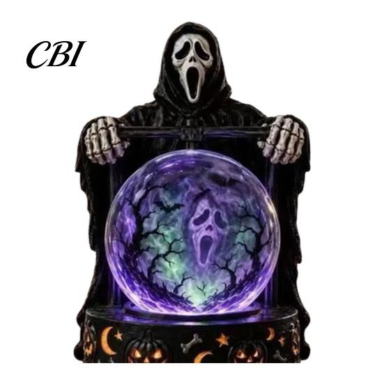 Halloween Table Decor LED Lighted Faux Crystal Ball Decoration, Resin Witch/Skeleton/Cat/Ghost Figurine with Unique Gift for Friends Green/Purple