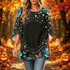 Women's Halloween Printed Casual Loose Fit Top with Three-Quarter Sleeves and Round Neck