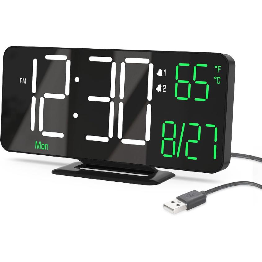 KOSUMOSU Digital Clock for Bedroom 6.7in Small Digital Alarm Clock Black, Dimming,12/24h,Date,Day of Week, Indoor Temperature,Desk Clocks for