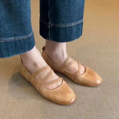 Schafslederversion~ Retro Mary Jane Schuhe mit Leder-Kreuzriemen, flache Einzel-Schuhe für Damen, runde Zehenpartie, flacher Ausschnitt, Ballerinas