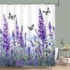 Purple Vineman Botanical Watercolour Shower Curtain Lavender Butterfly Floral Polyester Shower Curtain Bathroom Decor with Hooks