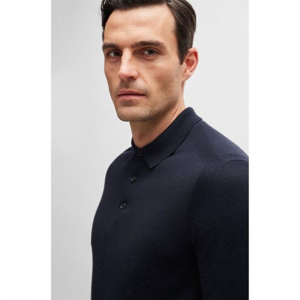 BOSS Wool Silk Cashmere Regular Fit Polo Knit Sweater Dark Blue 50509224404