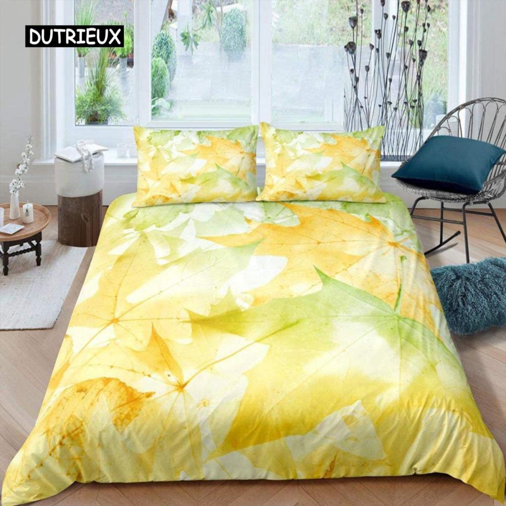 Maple Leaves Duvet Cover Set Colorful Autumn Season Maple Leaves In Unusual Designs Nature Print King Size 2/3pcs Bedding Set