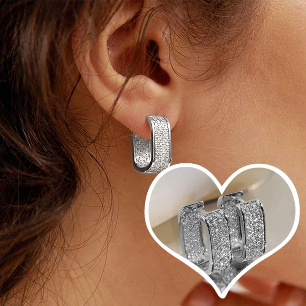 Elegant Geometric Square Earrings Luxury Full-Paved Zinc Alloy Ear Hoops for Women