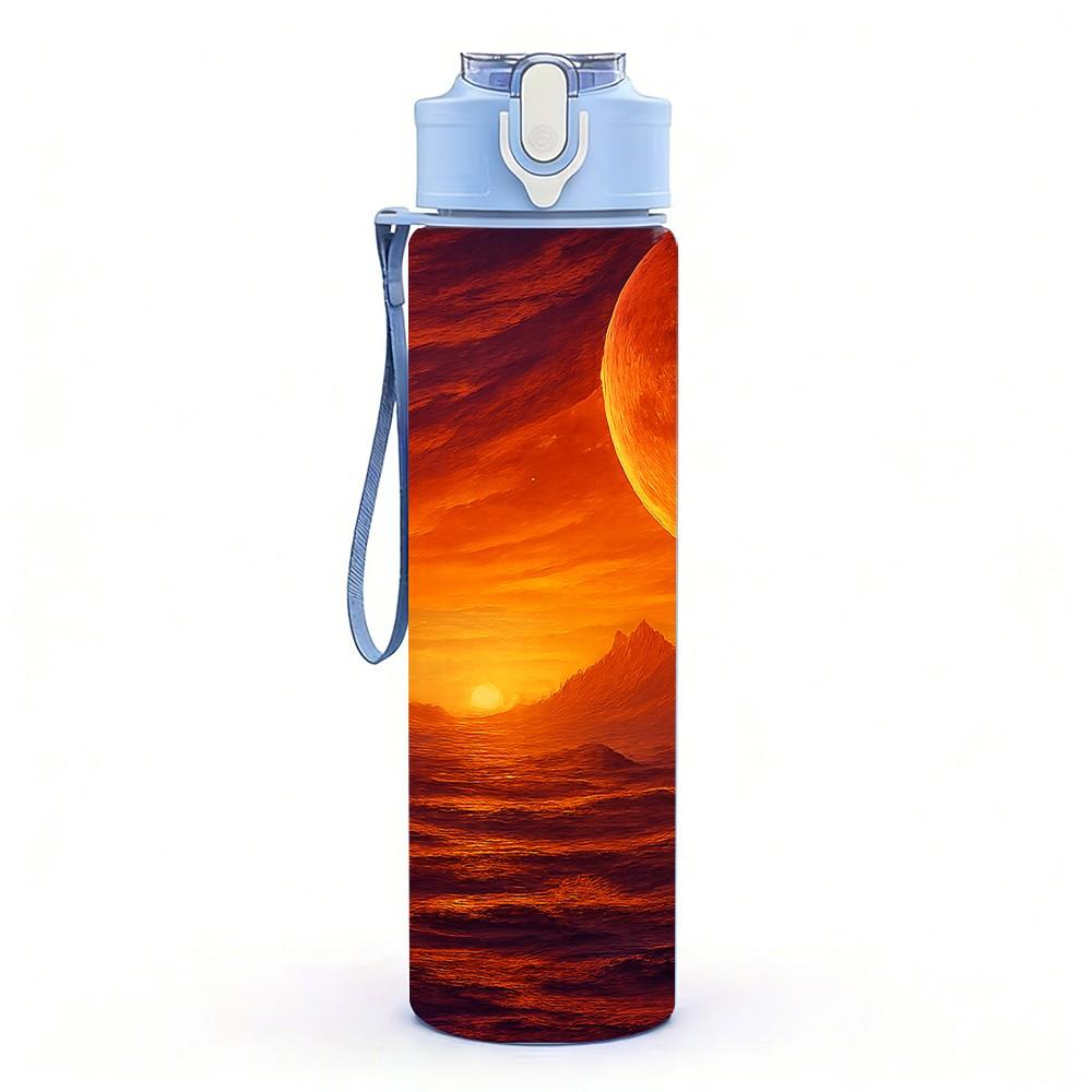 1PC Sunset Planet Cosmic Landscape Print 750ml Color Plastic Sports Water Bottle Leakproof Flip Straw Lid Suitable for Sports Office Home Use