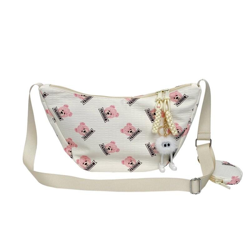Cute Bear Print Cotton Shoulder Bag For Daily Use With Zipper Closure And Mobile Pocket