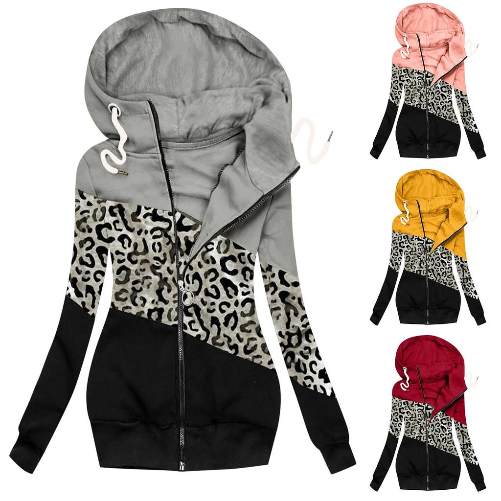 Women Winter Casual Leopard Prints Jacket Zipper Sweatshirt Long Sleeve Coat