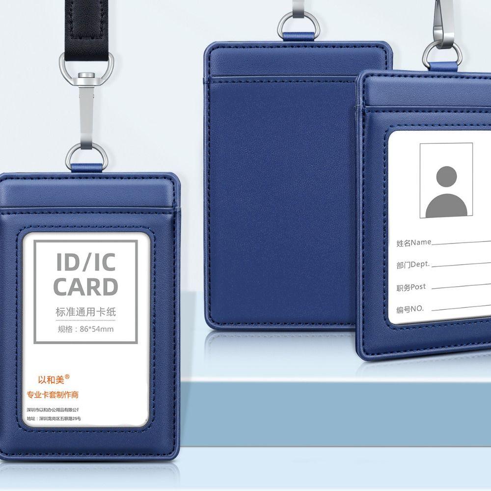 Cowhide Leather ID Card Holder Carabiner Style Neck Strap Doctors Badge Holder with Lanyard Chest Card Work Card Case
