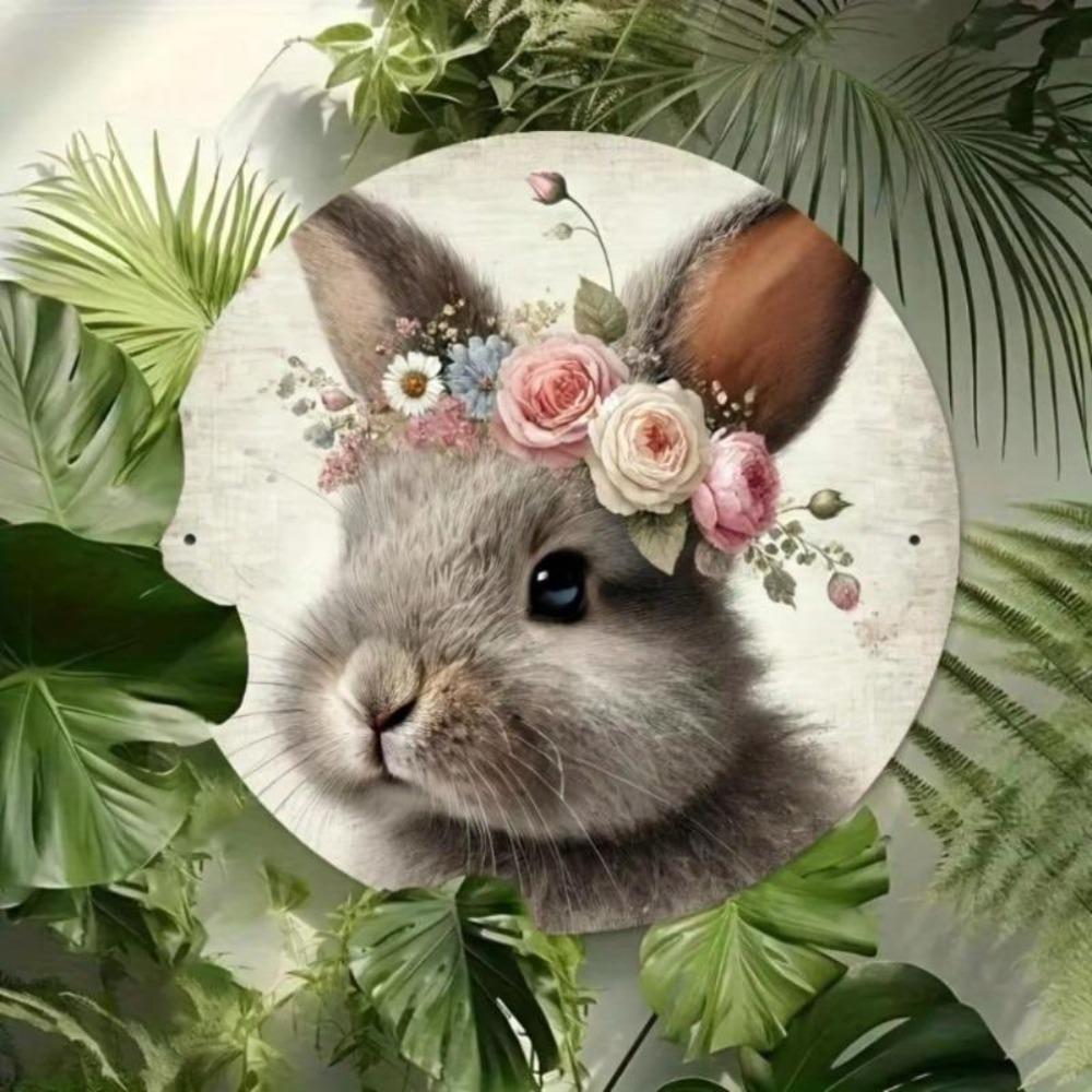 Easter Bunny Metal Round Sign Wall Art Vintage Spring Decor 8x8 Inch