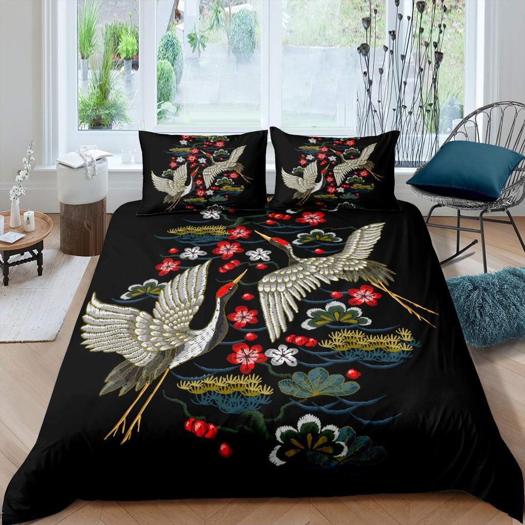 Comforter Crane Queen Size Japanese-Style Bedding Set Cherry Blossoms Pattern Women Girls Japanese Traditional