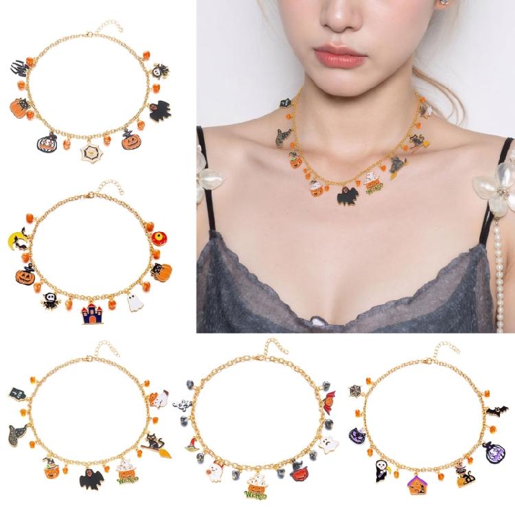 Halloween-Themen-Halskette mit Katzen-Kürbis-Anhänger, bequeme Legierung, verstellbar, Party-Schmuck