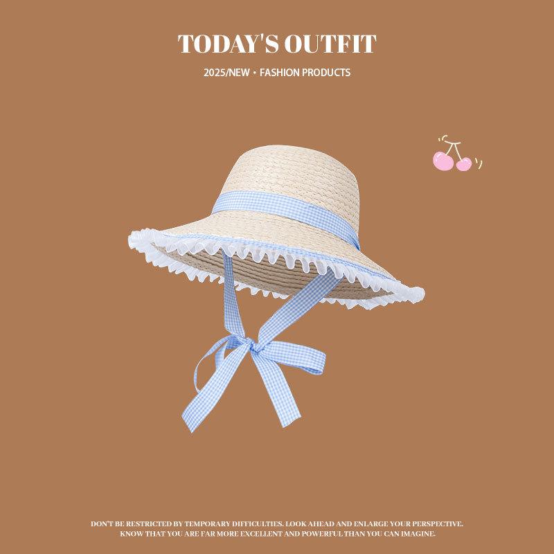 Summer Pastoral Style Lace up Straw Hat Women Korean Ins Sweet and Cute Big Brimmed Sun Straw Hat Beach Vacation Beach Hat