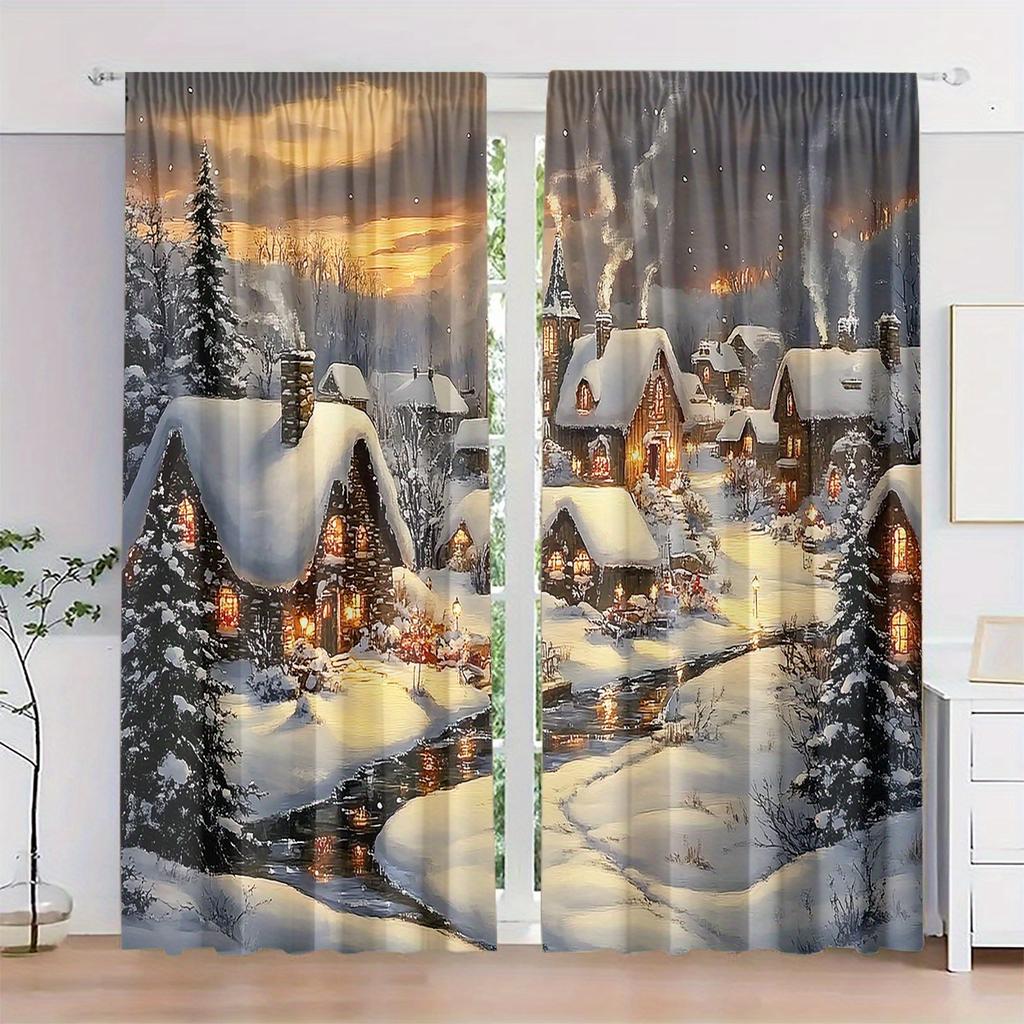 2Pcs Polyester Christmas Snowscape Durable Printing Window Curtains Birthday Party Decoration Backdrop Drapes for Living Room
