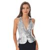 Women Stylish Solid Color Vest Lapel Design Sleeveless Sparkling Sequin Detail Party Top Nightclub Outfit