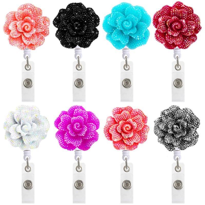 Resin Shiny Flowers Retractable Easy-to-pull Buckle Rotating Easy-to-pull Certificate Buckle Nurse Scroll Badge