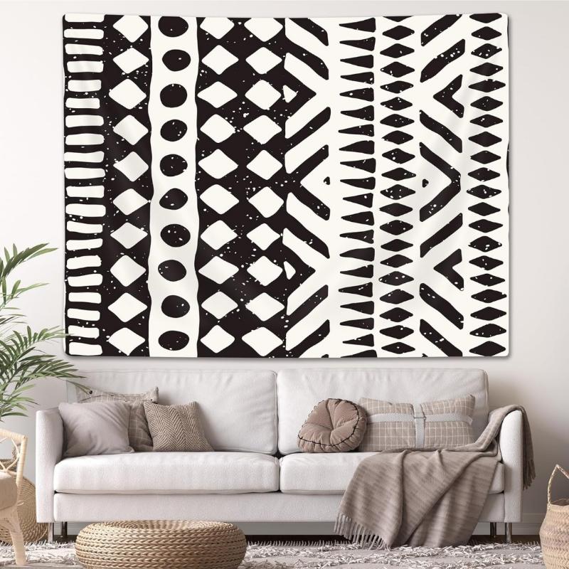 African Mud Cloth Tapestry Wall Hanging Art Black and White Tribal Afrocentric Ethnic Bohemian Motif with Geometric Elements 74x94cm(29x37in)