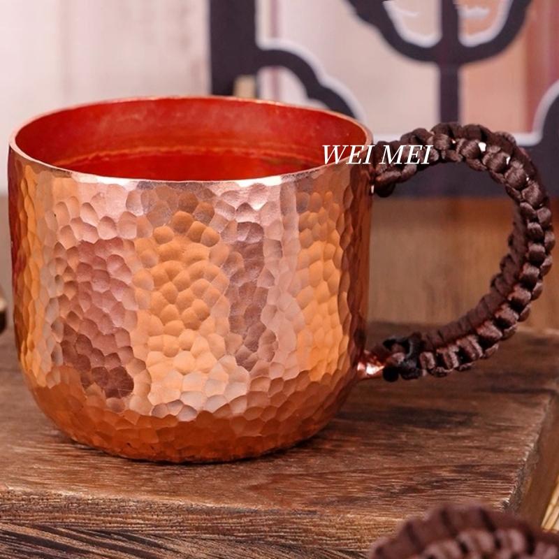 Pure Copper Vintage Coffee Mug,Home 200 ml Woven Handle Cold Drink Cups,Handcrafted Engraving Hammer Texture Tea Cup Drinkware