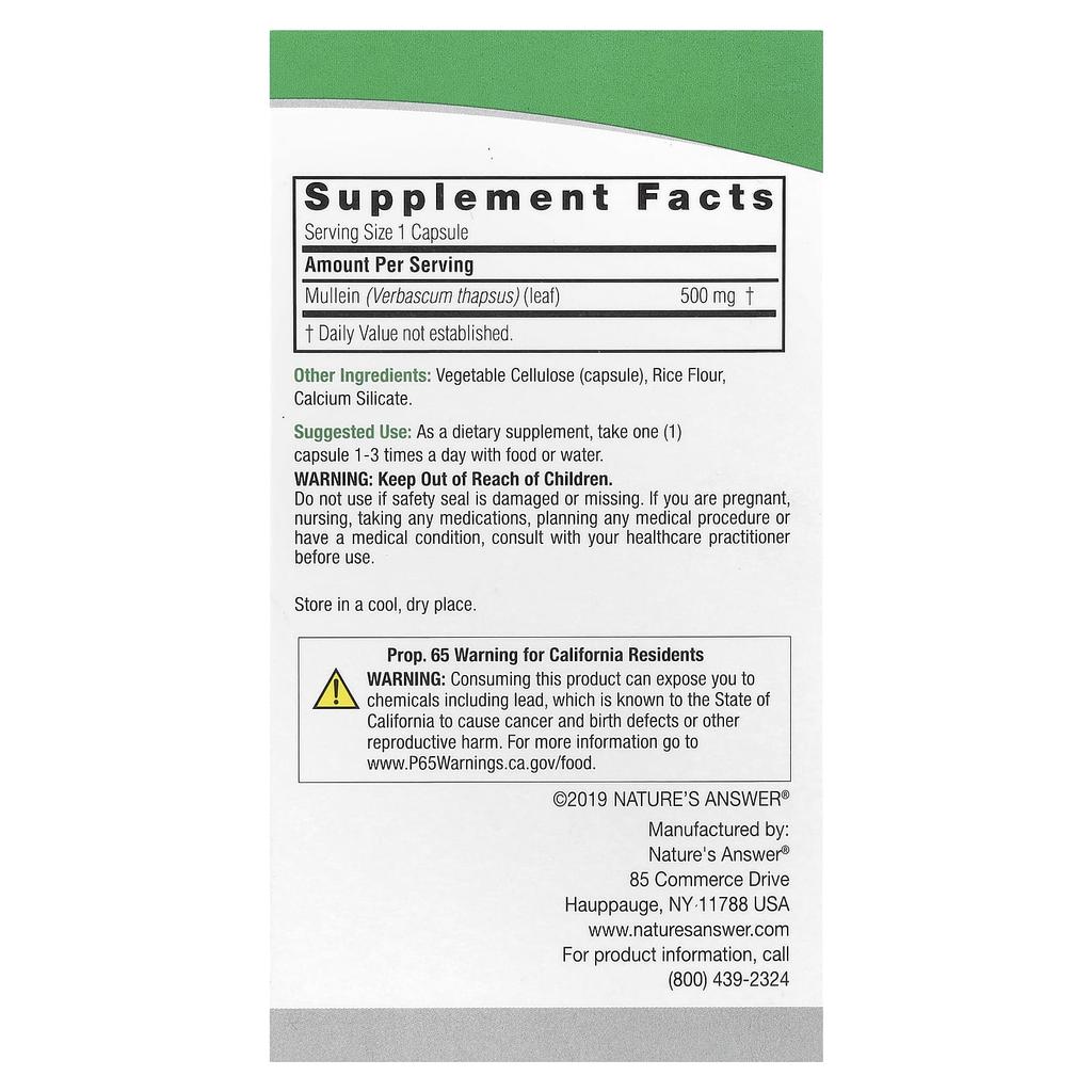 Nature'S Answer, Mullein Leaf, 500Mg, 90 Veggie Caps