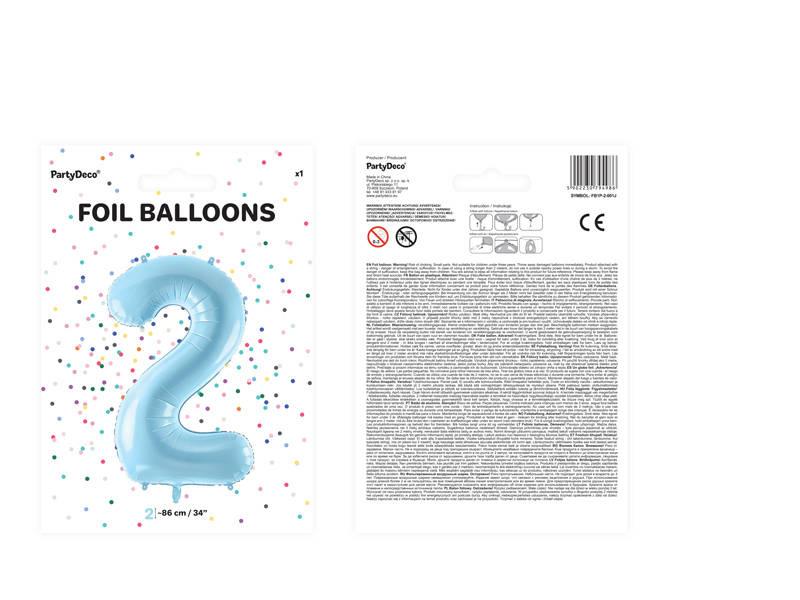 Balon Foliowy Cyfra 2, 86Cm, Jasny Niebieski