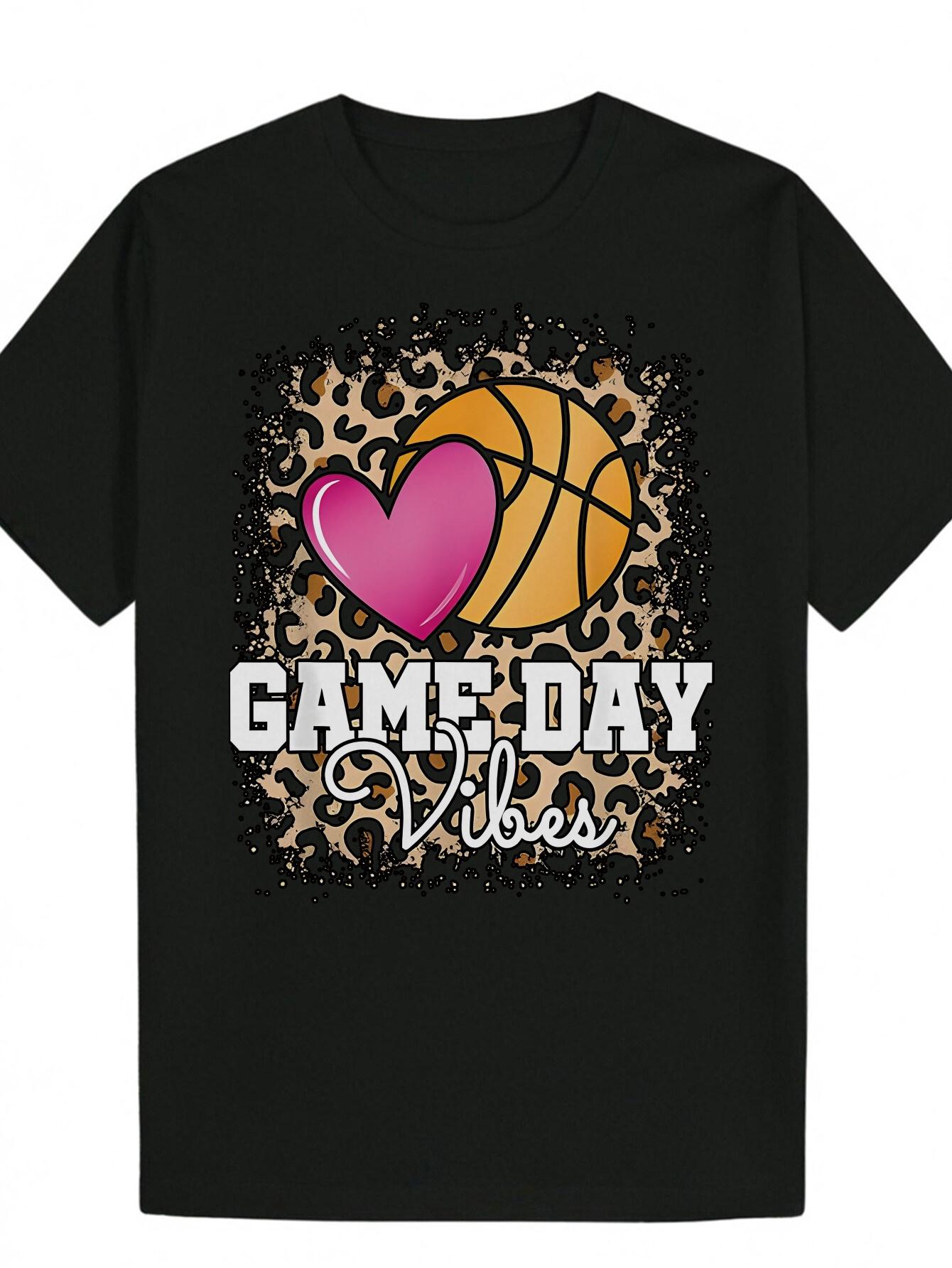 Crew Neck Polyester T-shirt with Vibrant Basketball & Heart Graphic Design - Lightweight L